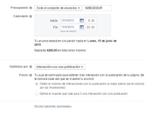 Ajustes de presupuesto y modo de optimización del anuncio