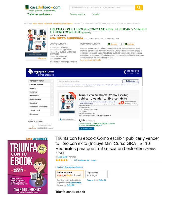 El mismo libro en distintas plataformas de venta online.