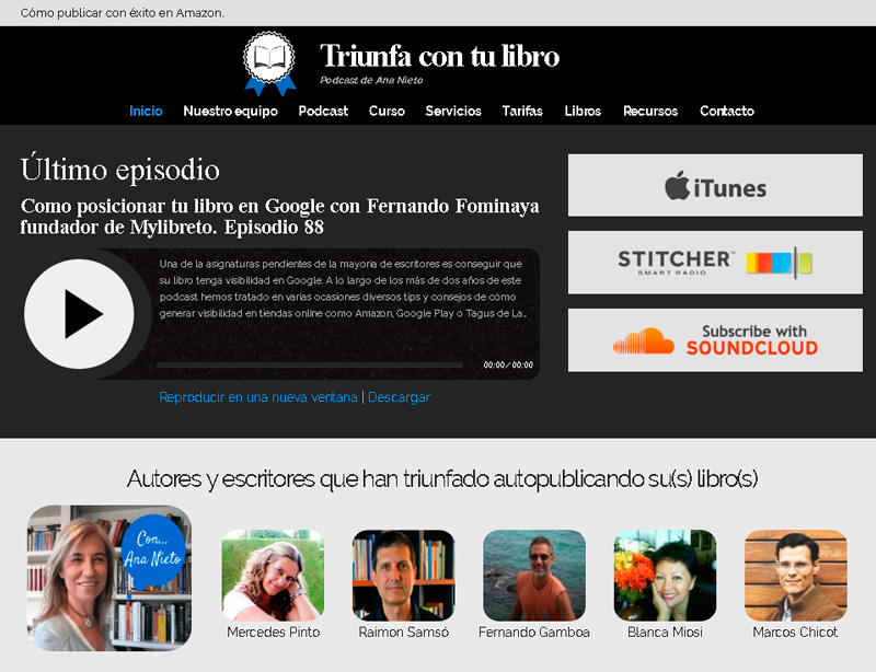 Web triunfacontulibro.com dedicada a promocionar el libro Triunfa con tu ebook y donde se apuesta por el marketing de contenidos y servicios extra para autores.