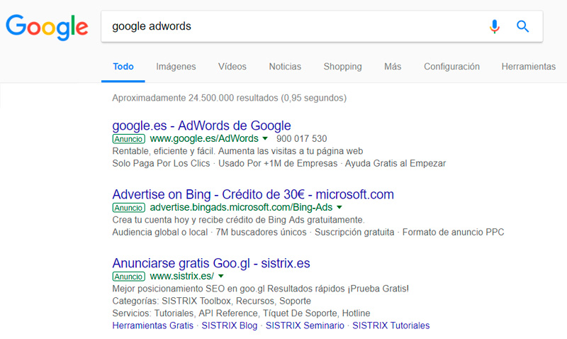 Ejemplo de anuncios en el buscador de Google