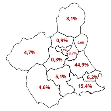 Distribución comarcal de los ecommerces de la Región de Murcia