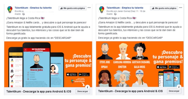 Ejemplo de variaciones de anuncio. El formato de la derecha tuvo + 10 % de conversión respecto al de la izquierda.