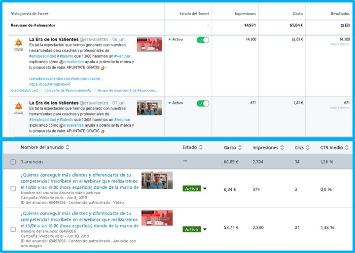 Ejemplo de cómo el mismo anuncio, cambiando vídeo por imagen es penalizado en su alcance en distintas plataformas.