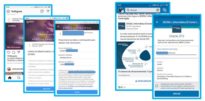 Ejemplos de anuncios en los que se captura el lead directamente desde el mismo anuncio, nada más que con la promesa de la propuesta de venta