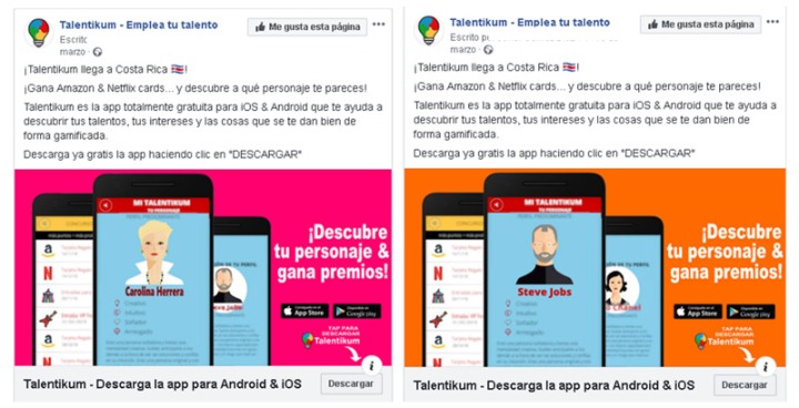 Ejemplo de dos tipos de anuncio personalizados por sexo