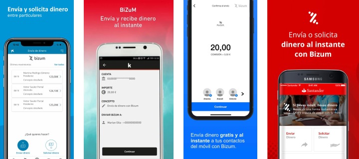 Ejemplos de bancos con Bizum en su aplicación (CaixaBank, Kutxakand, Banco Sabadell y Banco Santander)