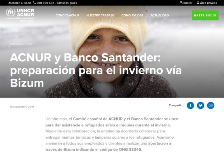 Campaña de ACNUR y Banco Santander mediante Bizum